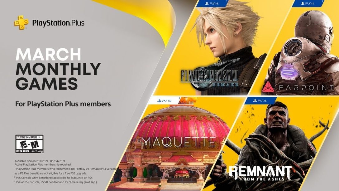 PlayStation Plus games for March: Final Fantasy VII Remake, Maquette, Remnant: From the Ashes and Farpoint