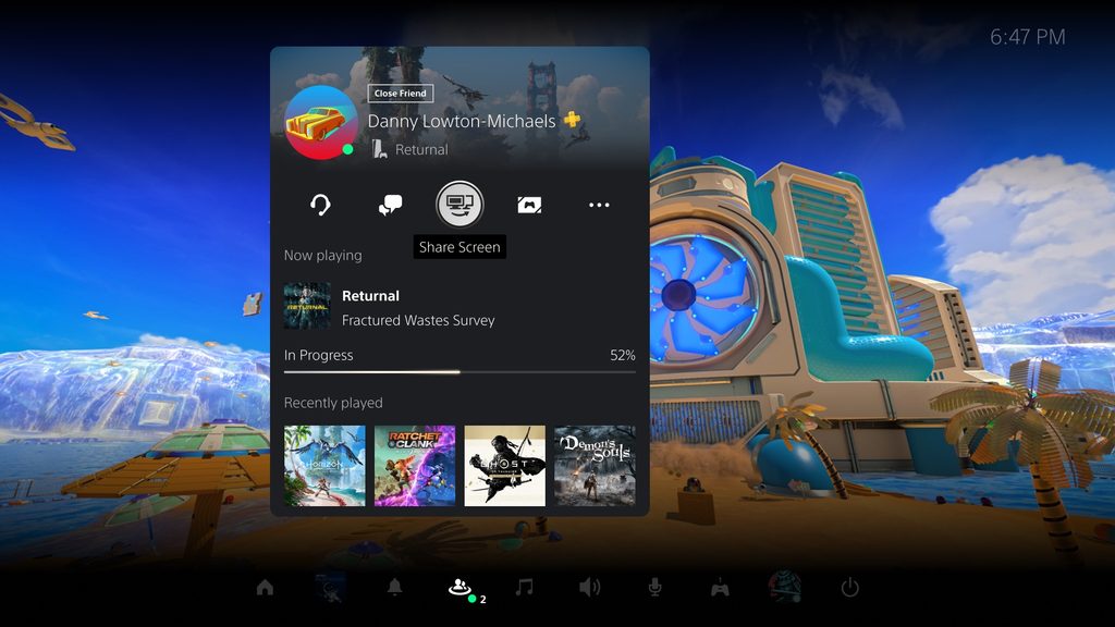PlayStation 5 UI-skärmdump som visar hur du startar en Share Screen från din väns profil