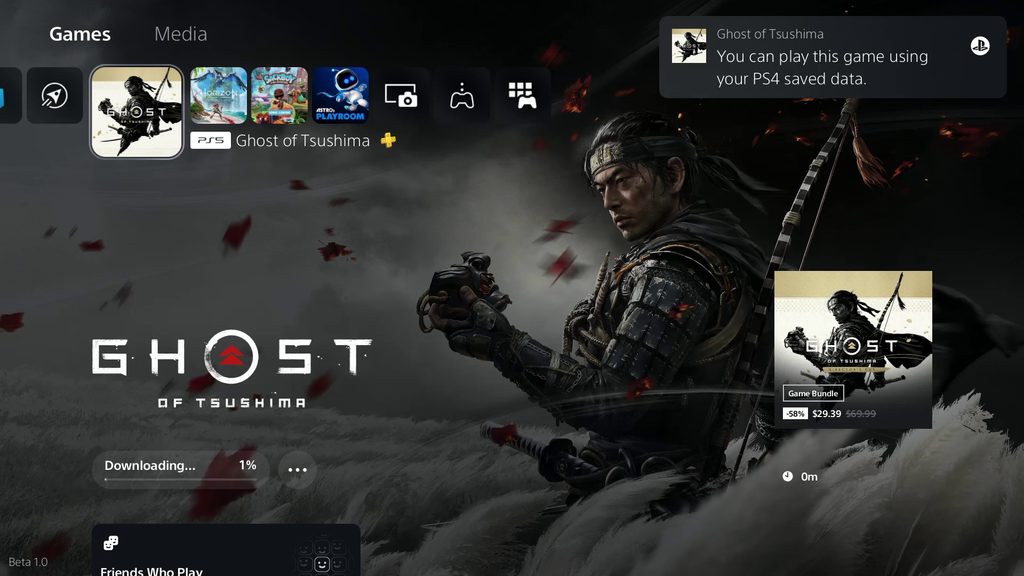 ภาพหน้าจอ UI ของ PlayStation 5 แสดงการแจ้งเตือนว่าข้อมูล PS4 ที่บันทึกไว้สำหรับ Ghost of Tsushima พร้อมให้ดาวน์โหลด