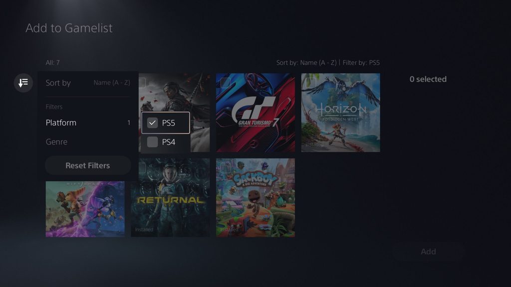 PlayStation 5 UI screenshot showing the option to filter games by PS5 or PS4 in a gamelist