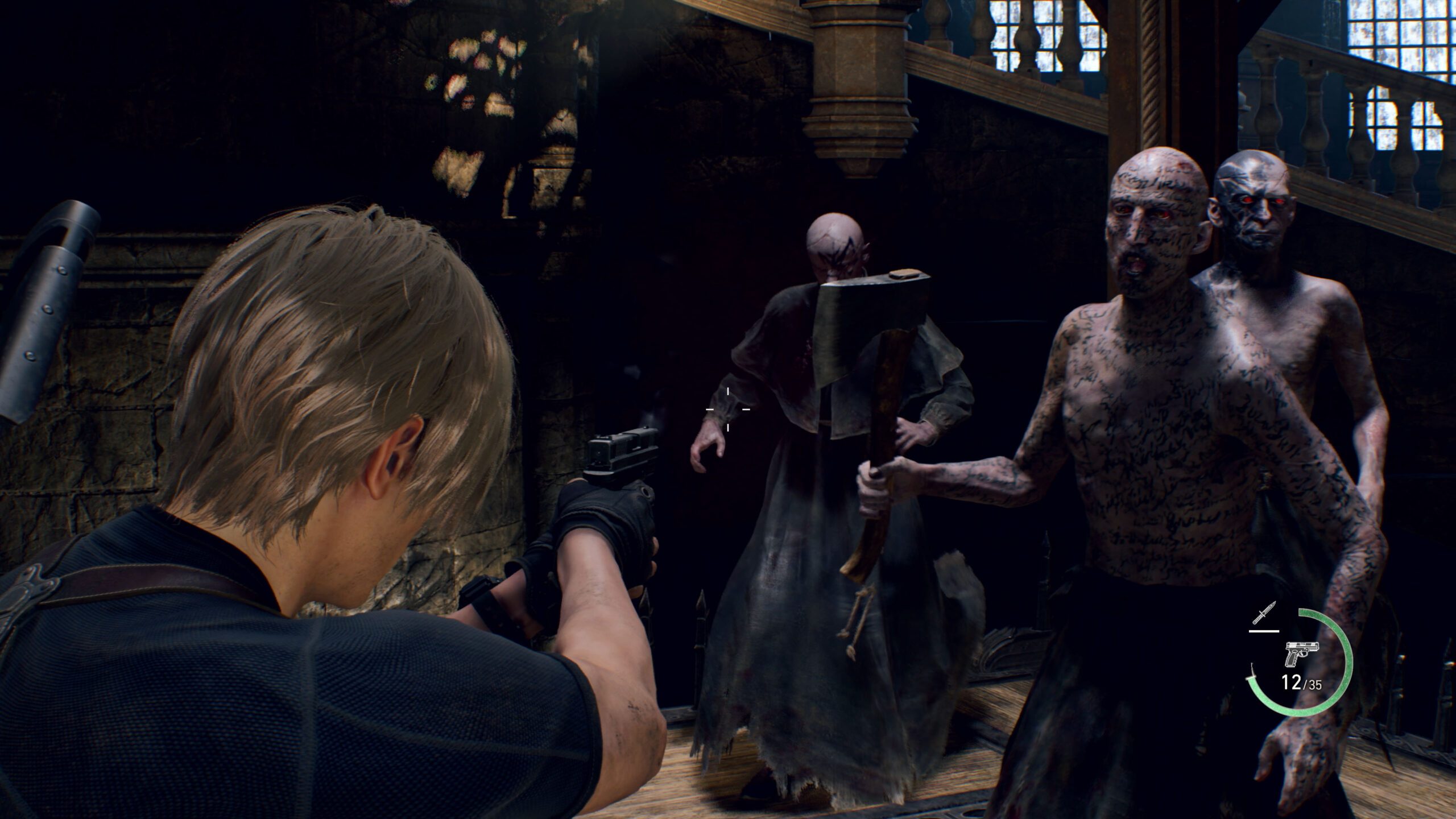 Leon takes aim as enemies, including a robed figure and a tattooed, red-eyed hatchet wielder, advance.
