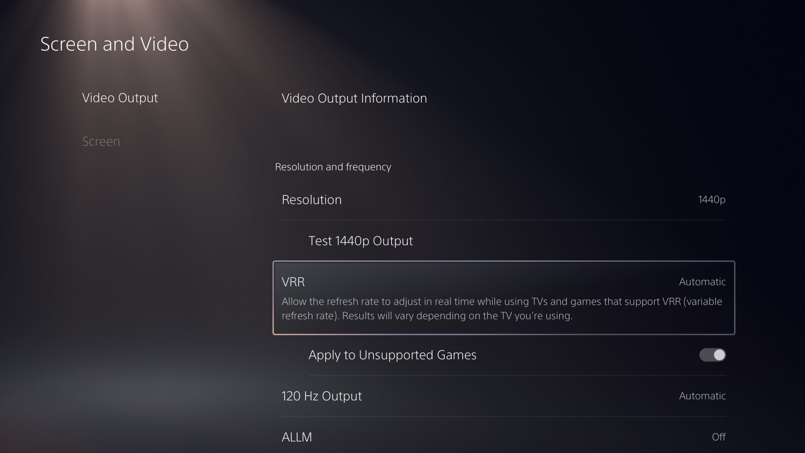 PlayStation 5 UI screenshot showing variable refresh rate settings