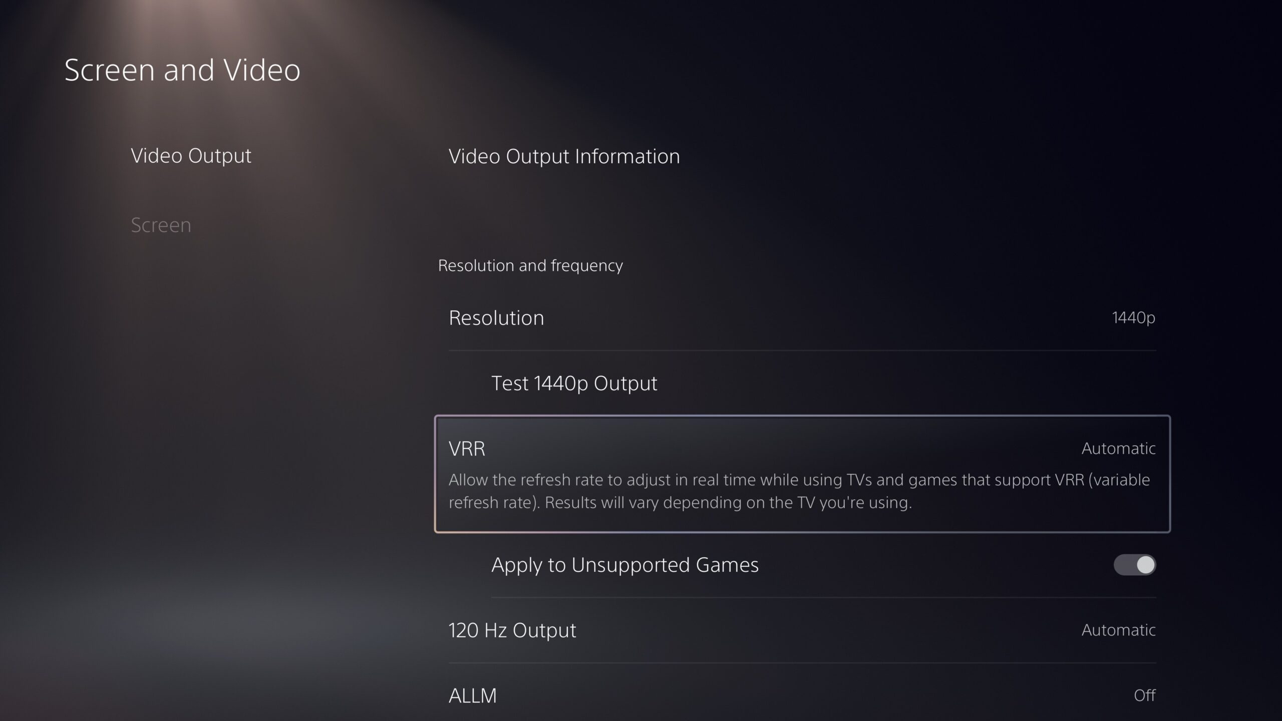 Captura de tela da interface do usuário do PlayStation 5 mostrando a configuração da taxa de atualização variável