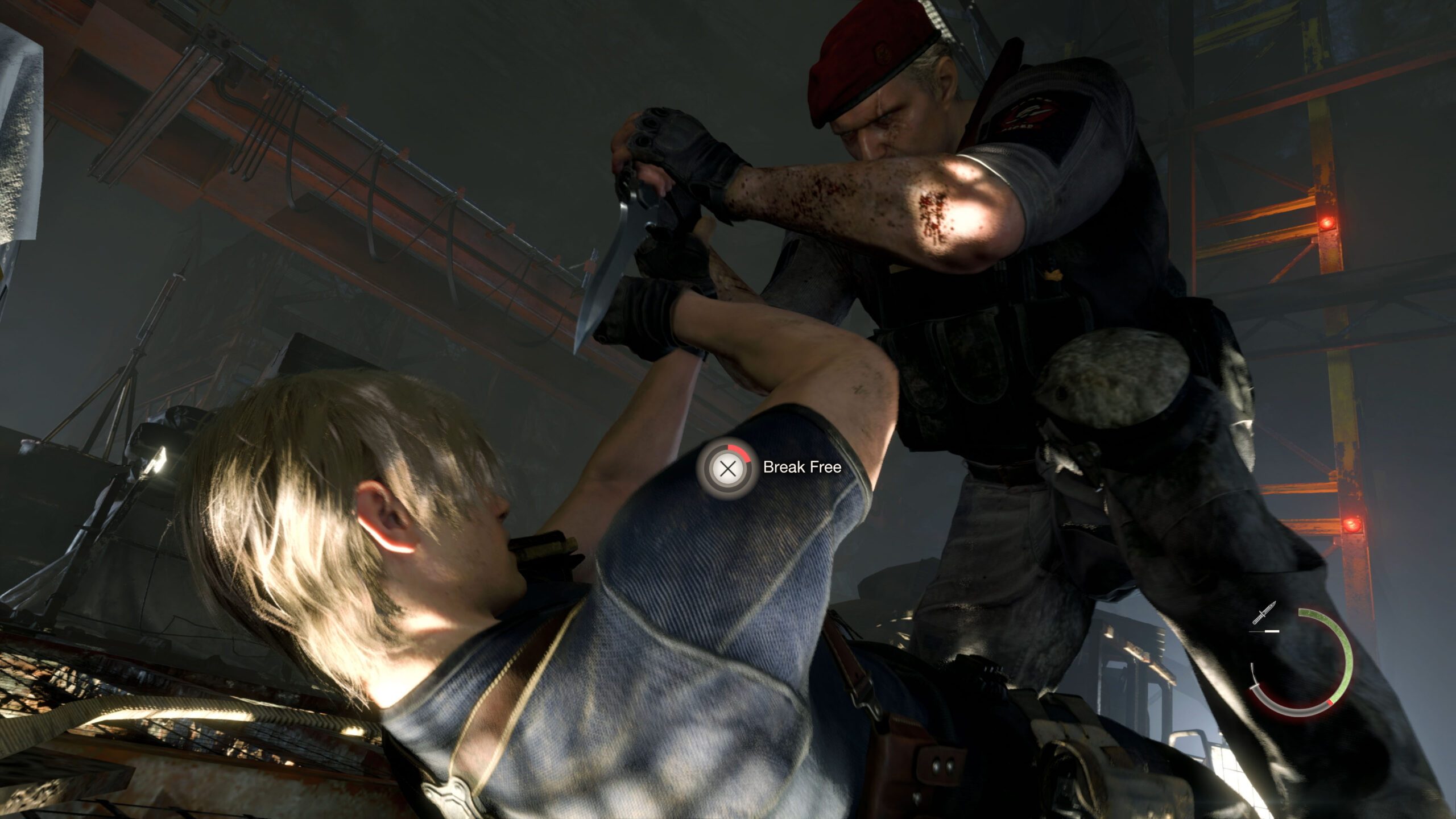 An X button prompt to Break Free flashes on screen as Leon and Krauser tussle, the ex-RCPD officer forced back on the floor barely fending off Krauser’s knife attack.