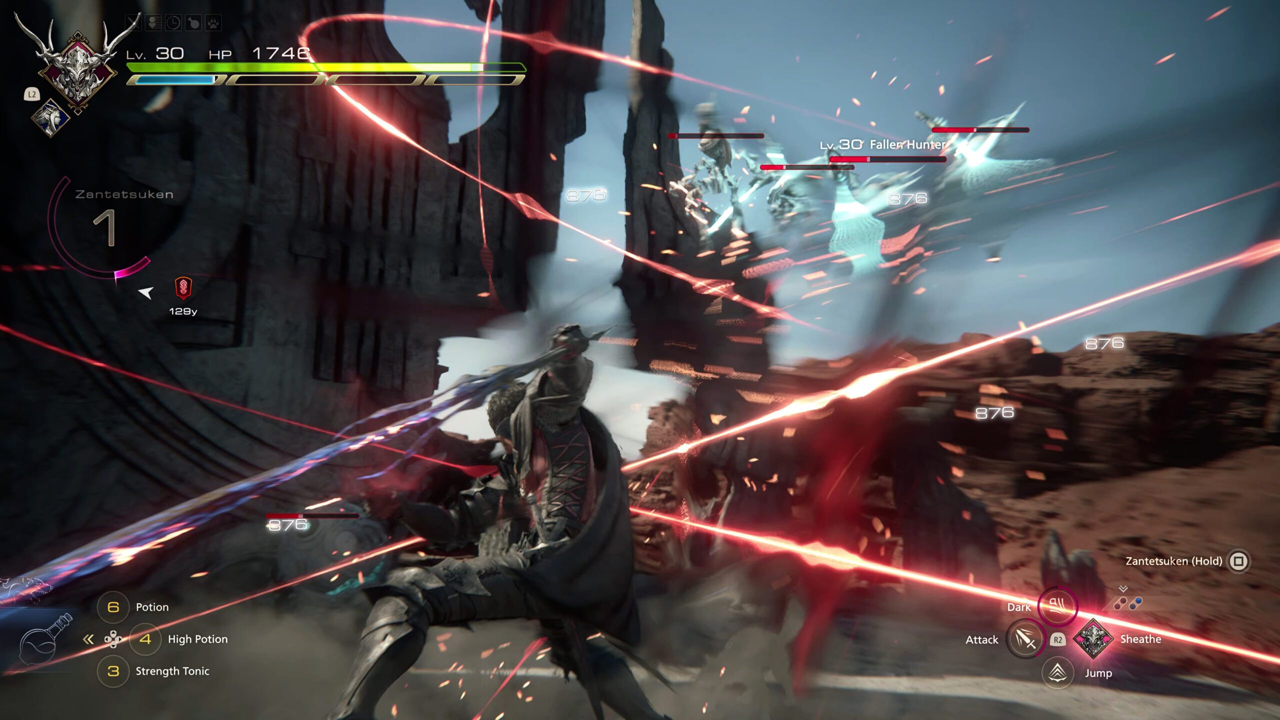 Clive strikes against multiple enemies during a gameplay action sequence. 