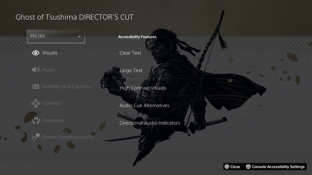 螢幕截圖中顯示《Ghost of Tsushima導演剪輯版》遊戲中心在PS5上的協助工具標籤。
