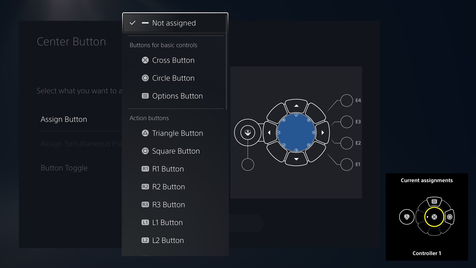 Imagem da interface do usuário do controle de acesso mostrando as opções de atribuição de botão