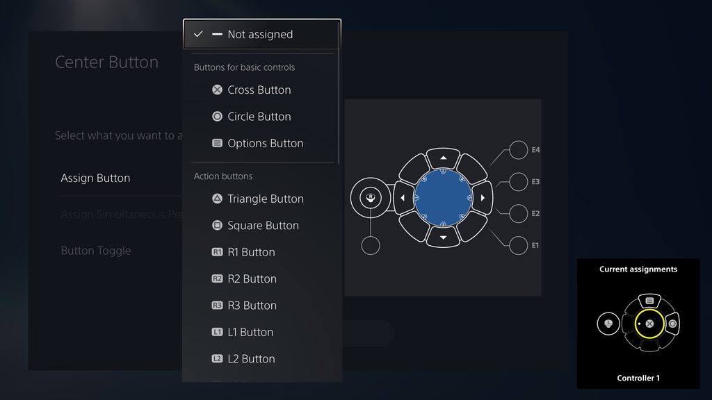 Access controller UI image showing button assignment choices