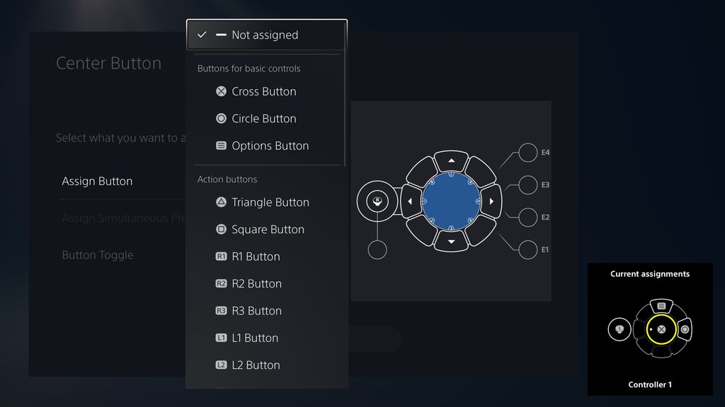 Access controller UI image showing button assignment choices
