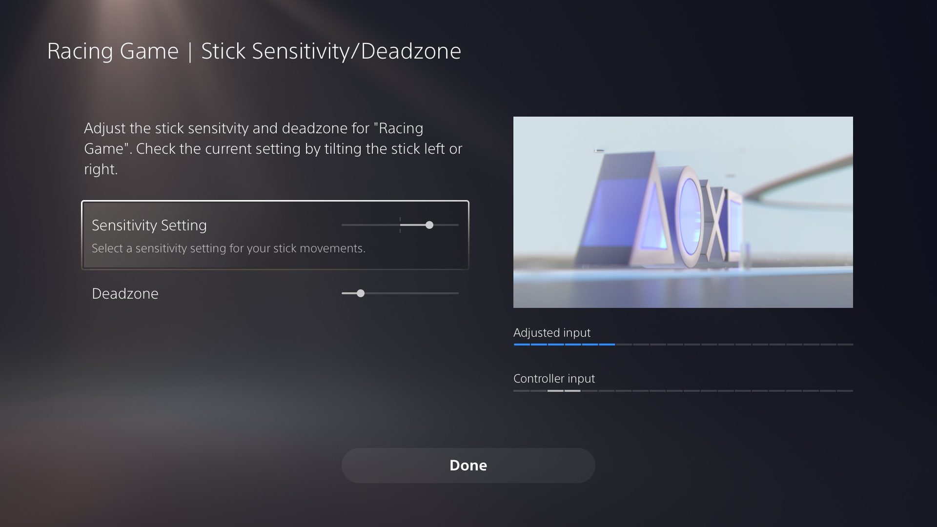 Image of an access controller user interface showing options for adjusting analog stick sensitivity and dead zones in a user-created control configuration