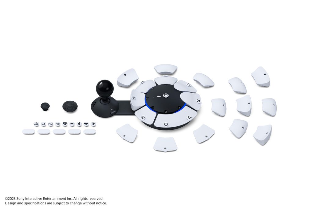 Image showing the access controller and its interchangeable analog stick caps, button caps, and button cap tags
