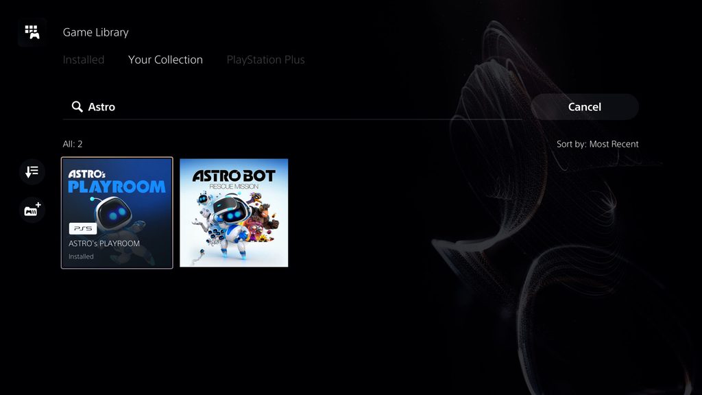 PS5 UI screenshot showing search results for “Astro” in game library