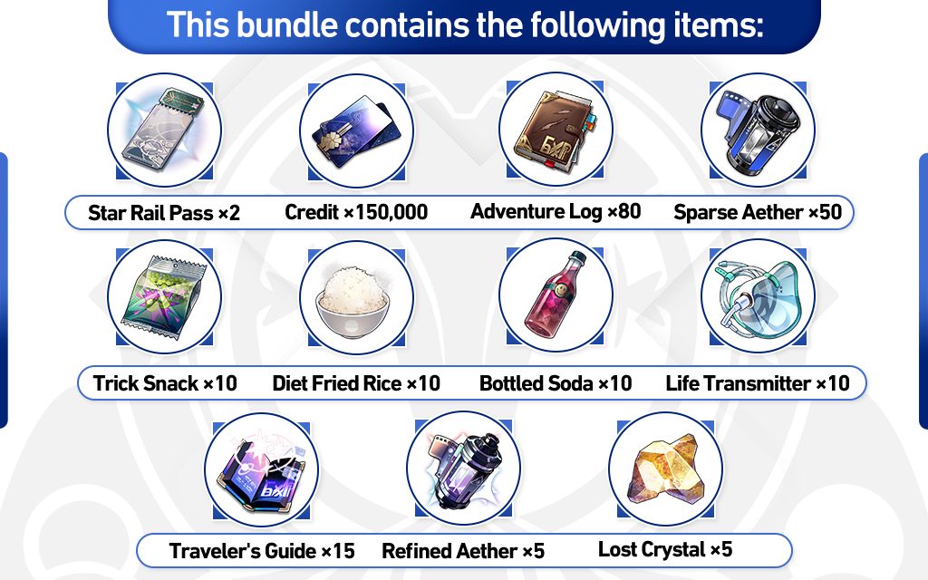 The bundle contains the following items: Star Rail Pass x2, Credit x150,000, Adventure Log x80, Sparse Aether x50, Trick Snack x10, Diet Fried Rice x10, Bottled Soda x10, Life Transmitter x10, Traveler’s Guide x15, Refined Aether x5, Lost Crystal x5