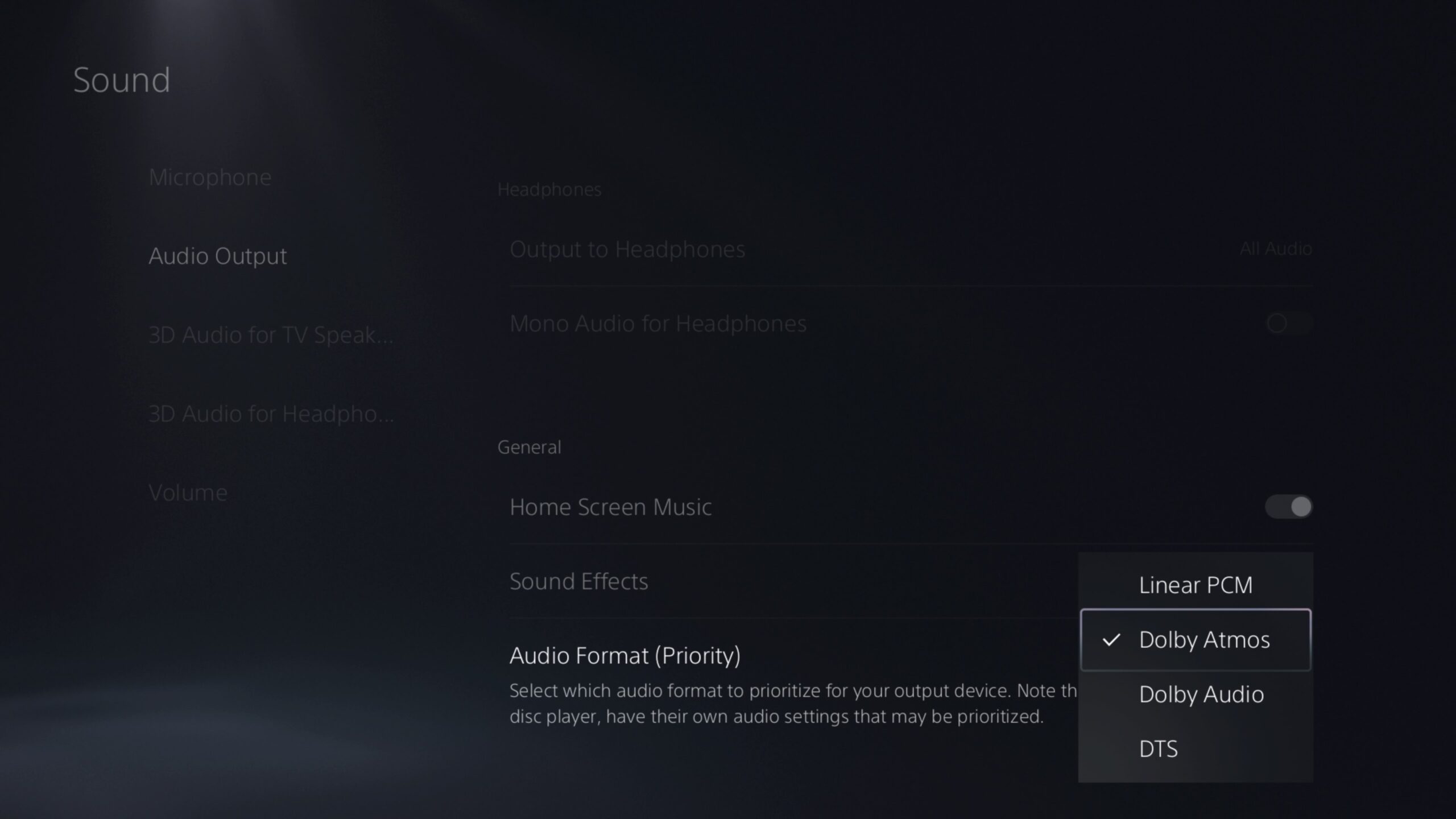 PS5 UI screenshot showing audio output options