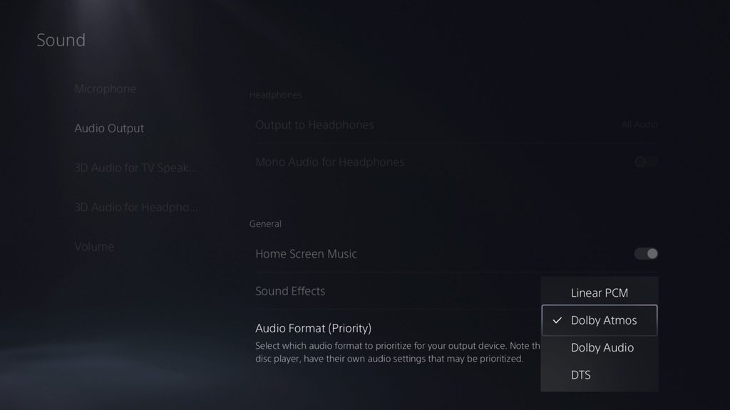 PS5 UI screenshot showing audio output options