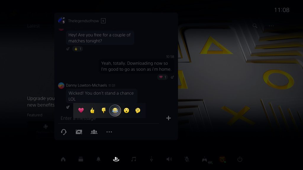 PS5 UI screenshot of the message screen with emoji reaction options