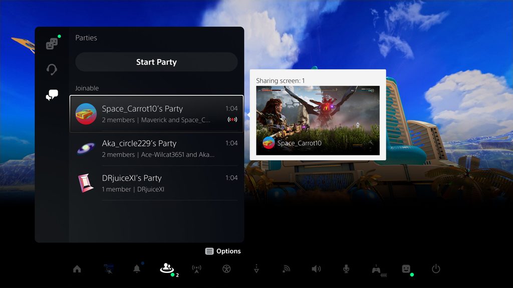 PS5 UI screenshot showing a preview of Share Screen