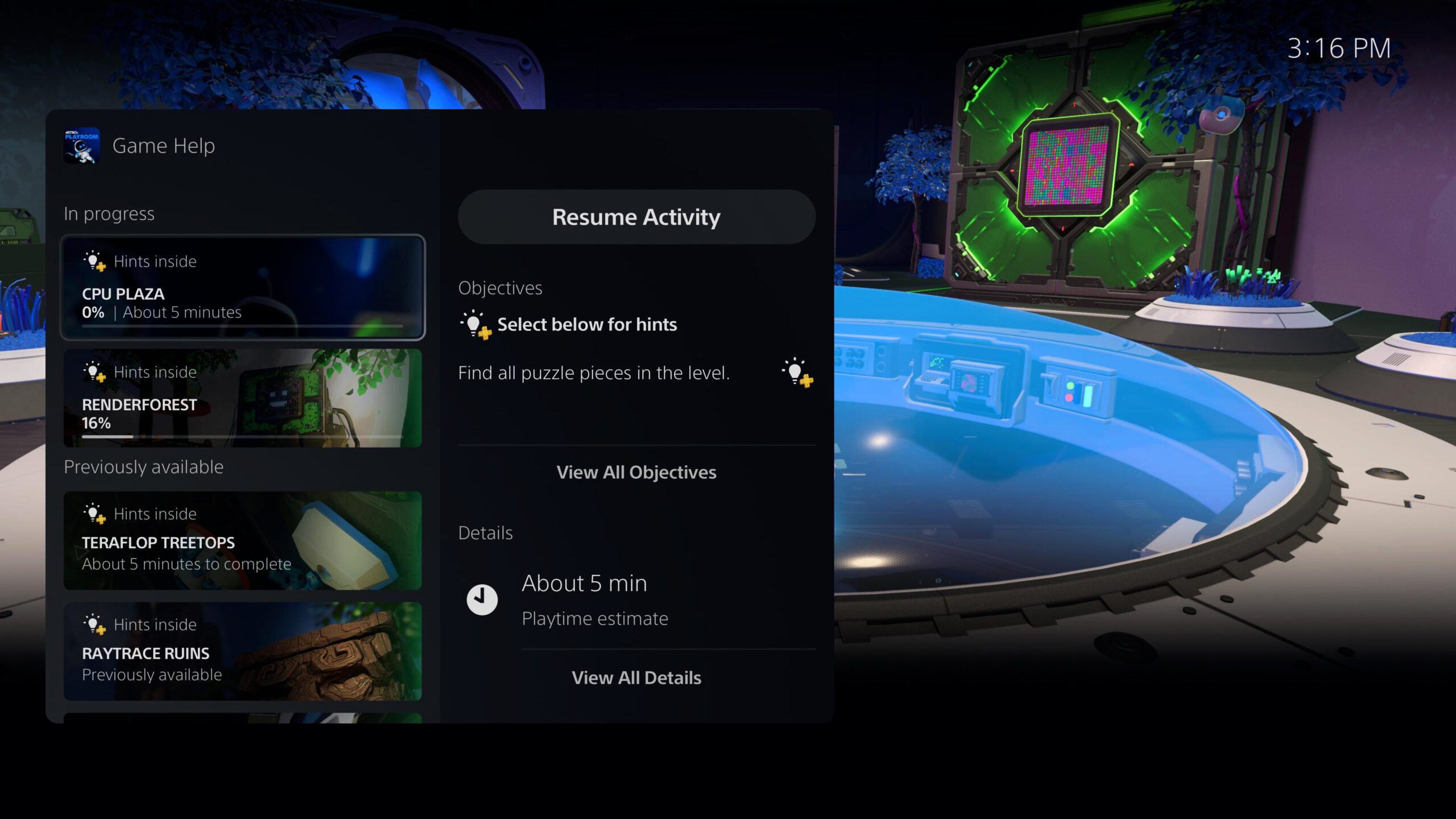 PS5 UI screenshot of Game Help card showing additional details of the activity