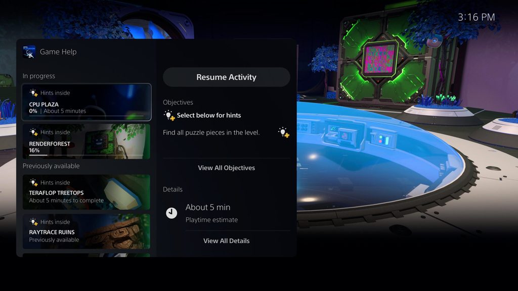 PS5 UI screenshot of Game Help card showing additional details of the activity
