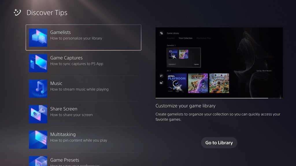 PS5 UI screenshot of Discover Tips section in the settings menu
