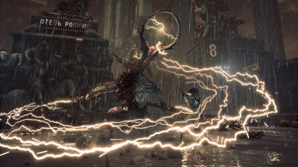 In rain-lashed city streets, Eve faces off against a Naytibas, a bright gold arc of lighting-like energy forming in the arc of the swing of her enemy’s weapon. 