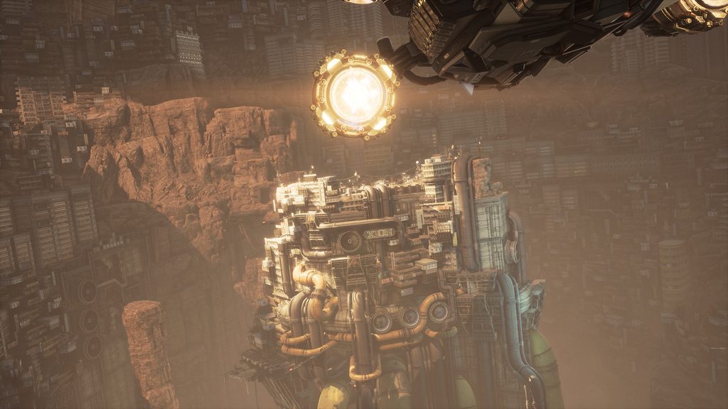 An aerial shot of a metal city build out of a cliffside, orange rock almost lost amidst the buildings and air ducts that protrude from nearly every surface.