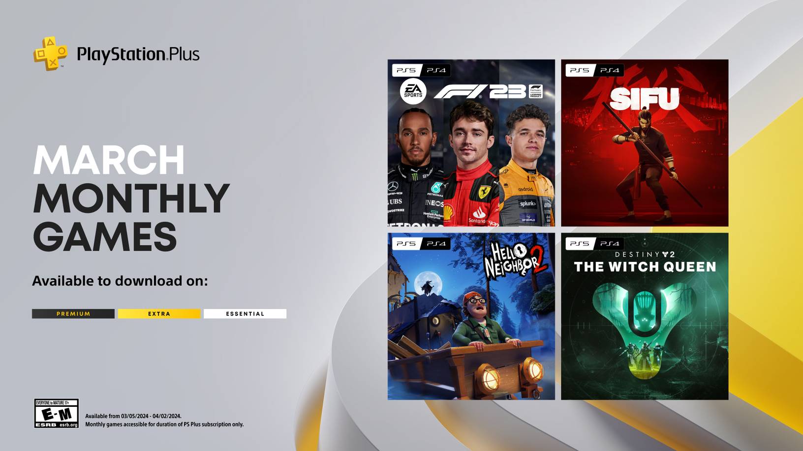 PS Plus Essentials March 2024 - F1 2023, Sifu, Destiny 2: Witch Queen, Hello Neighbour 2