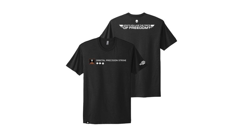 A black t-shirt. On the front is the text ‘Orbital Precision Strike’, underneath of which is an arrow input (right, right, up). To their left is the in-game UI symbol for that Stratagem. At the bottom left of the tee is a small PlayStation symbol. On the back of the shirt is the white text: ‘How'd you like the taste of freedom?’ The left sleeve has a Helldivers 2 logo in white.