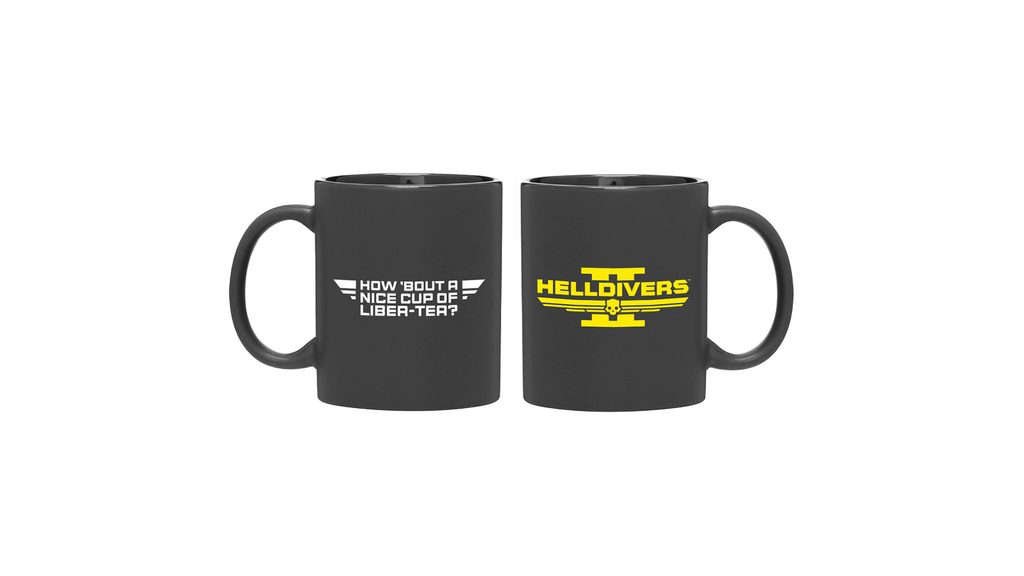 A black cup. One one side is the Helldivers 2 logo in yellow. On the other, white text that reads: ‘How about a nice cup of liber-tea?