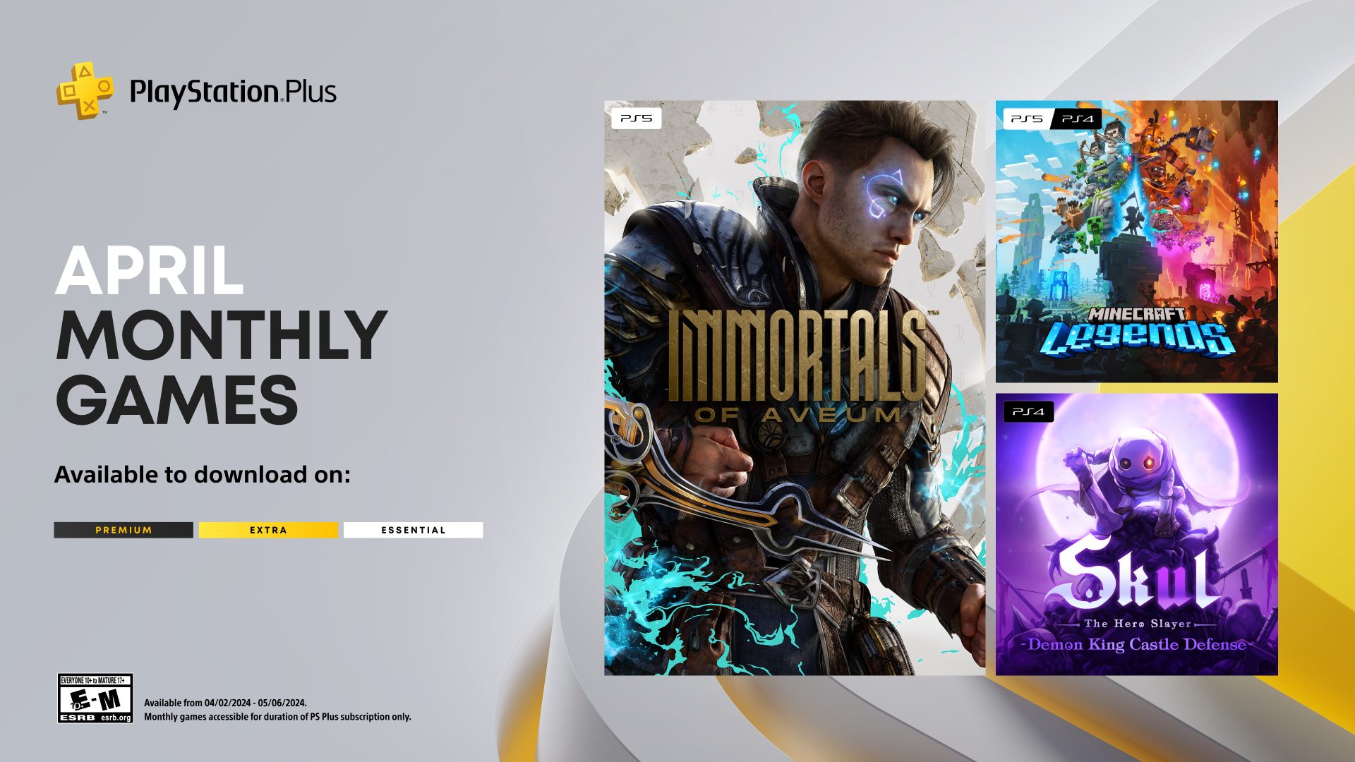 Ready go to ... https://blog.playstation.com/2024/03/27/playstation-plus-monthly-games-for-april-immortals-of-aveum-minecraft-legends-skul-the-hero-slayer/ [ PlayStation Plus Monthly Games for April: Immortals of Aveum, Minecraft Legends, Skul: The Hero Slayer]