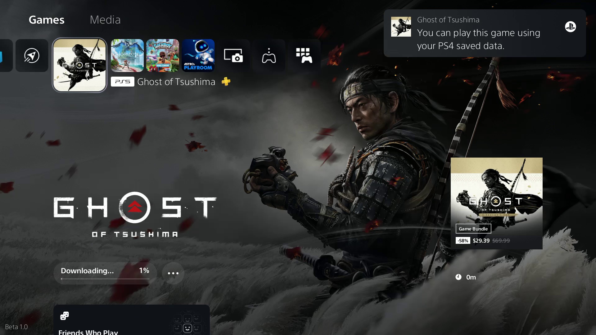  "ภาพหน้าจอ UI ของ PlayStation 5 แสดงการแจ้งเตือนว่าข้อมูล PS4 ที่บันทึกไว้สำหรับ Ghost of Tsushima พร้อมให้ดาวน์โหลด"