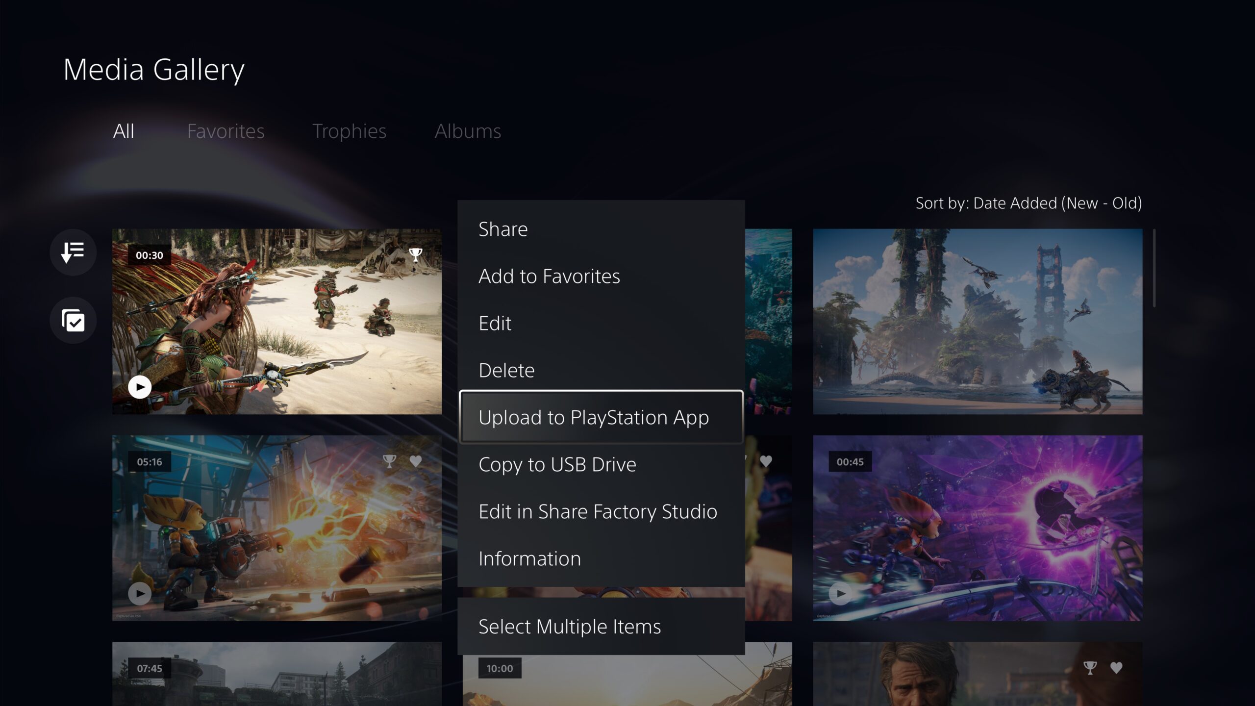  PlayStation 5 UI screenshot showing the option to manually upload game captures to PlayStation App