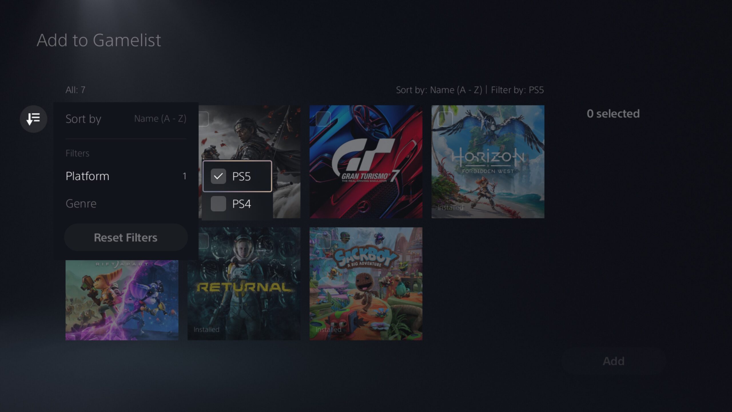  "PlayStation 5 UI screenshot showing the option to filter games by PS5 or PS4 in a gamelist"