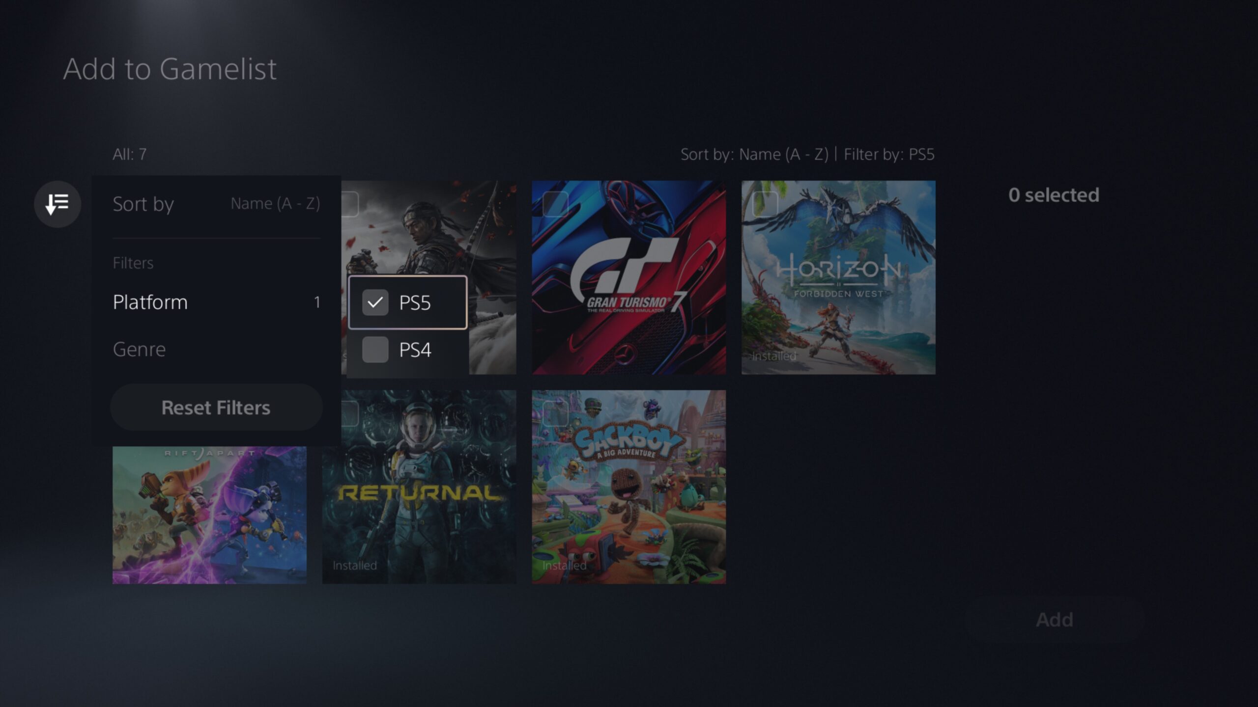  PlayStation 5 UI screenshot showing the option to filter games by PS5 or PS4 in a gamelist