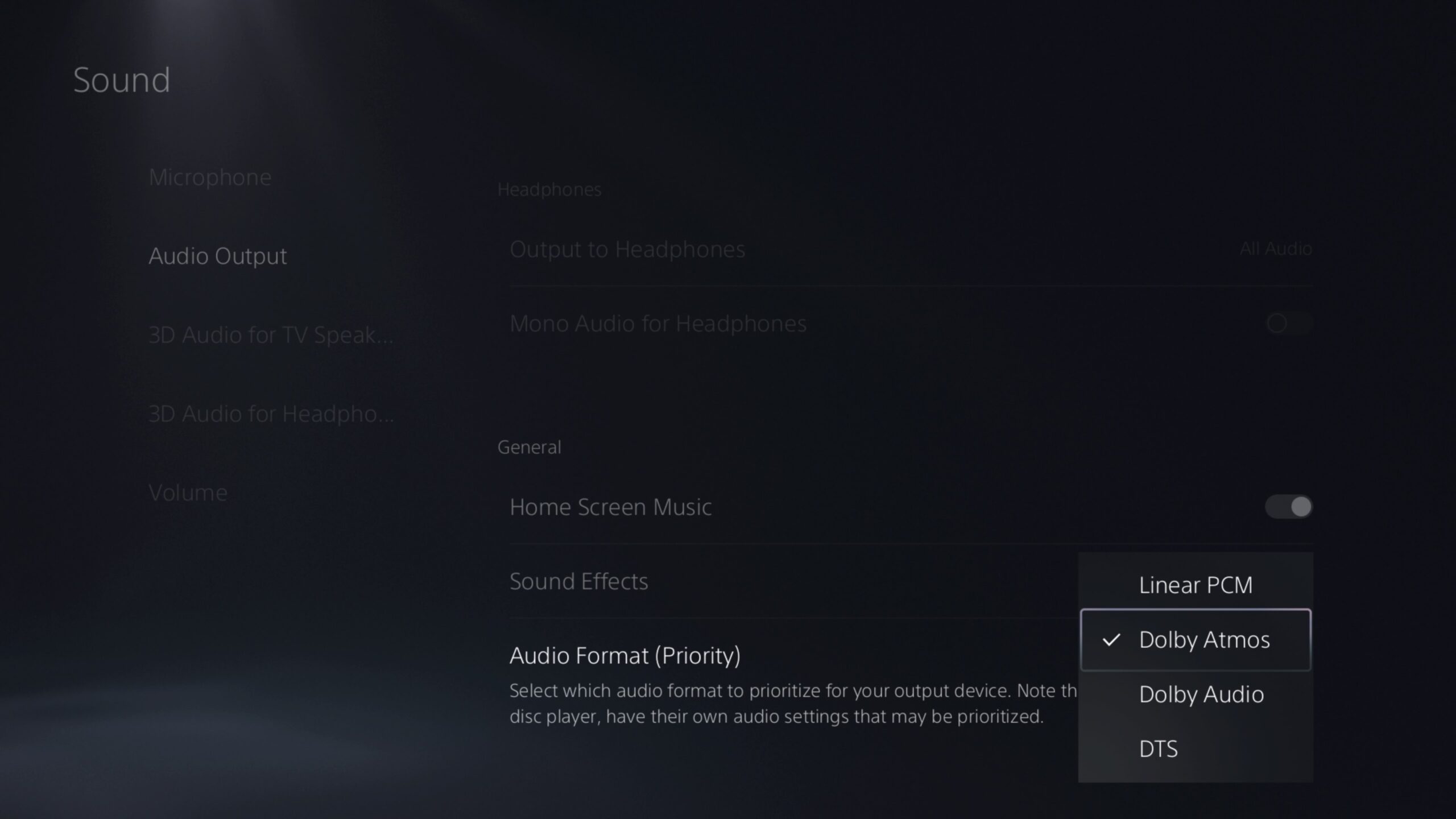  PS5 UI screenshot showing audio output options