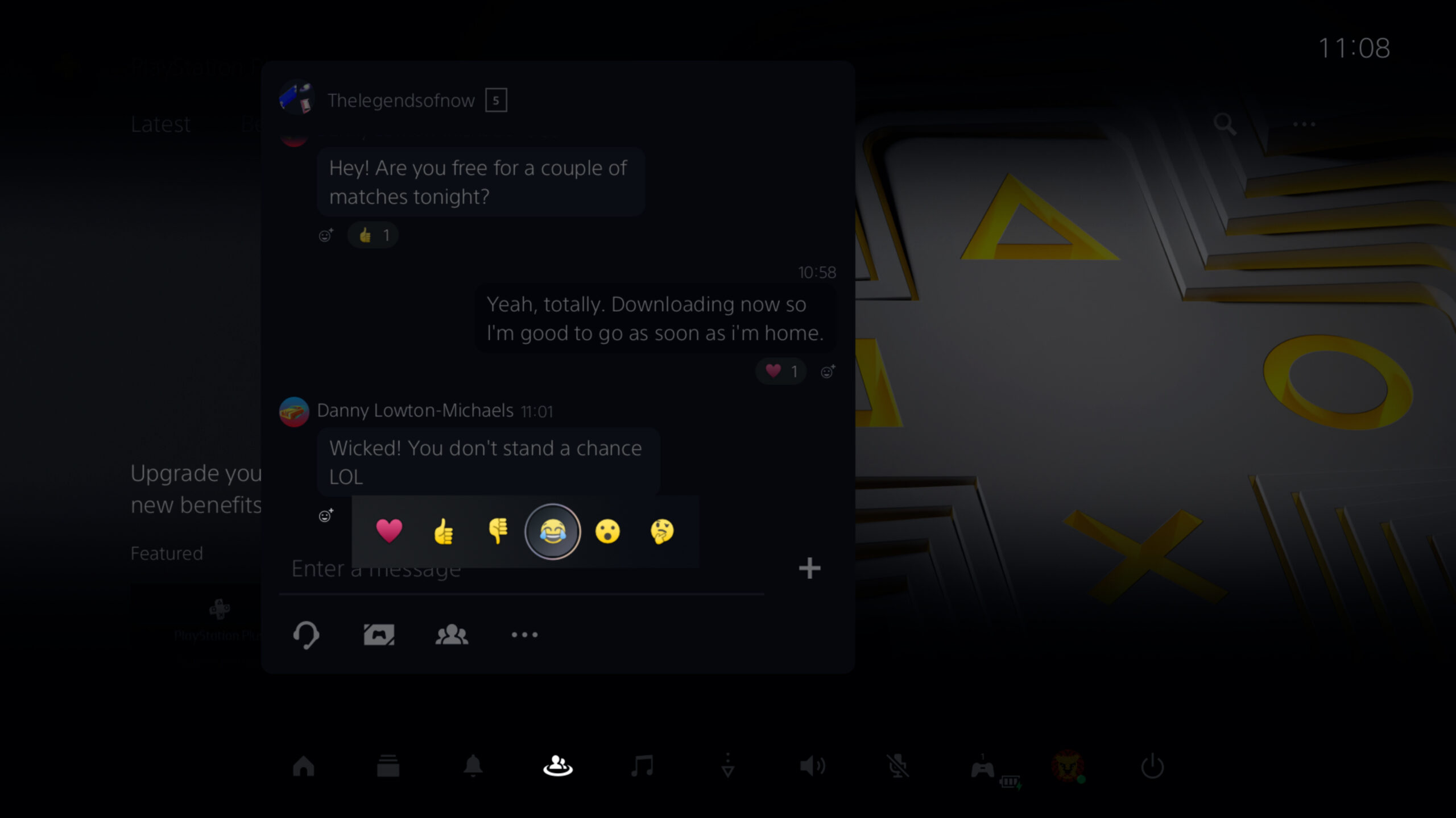  "PS5 UI screenshot of the message screen with emoji reaction options"