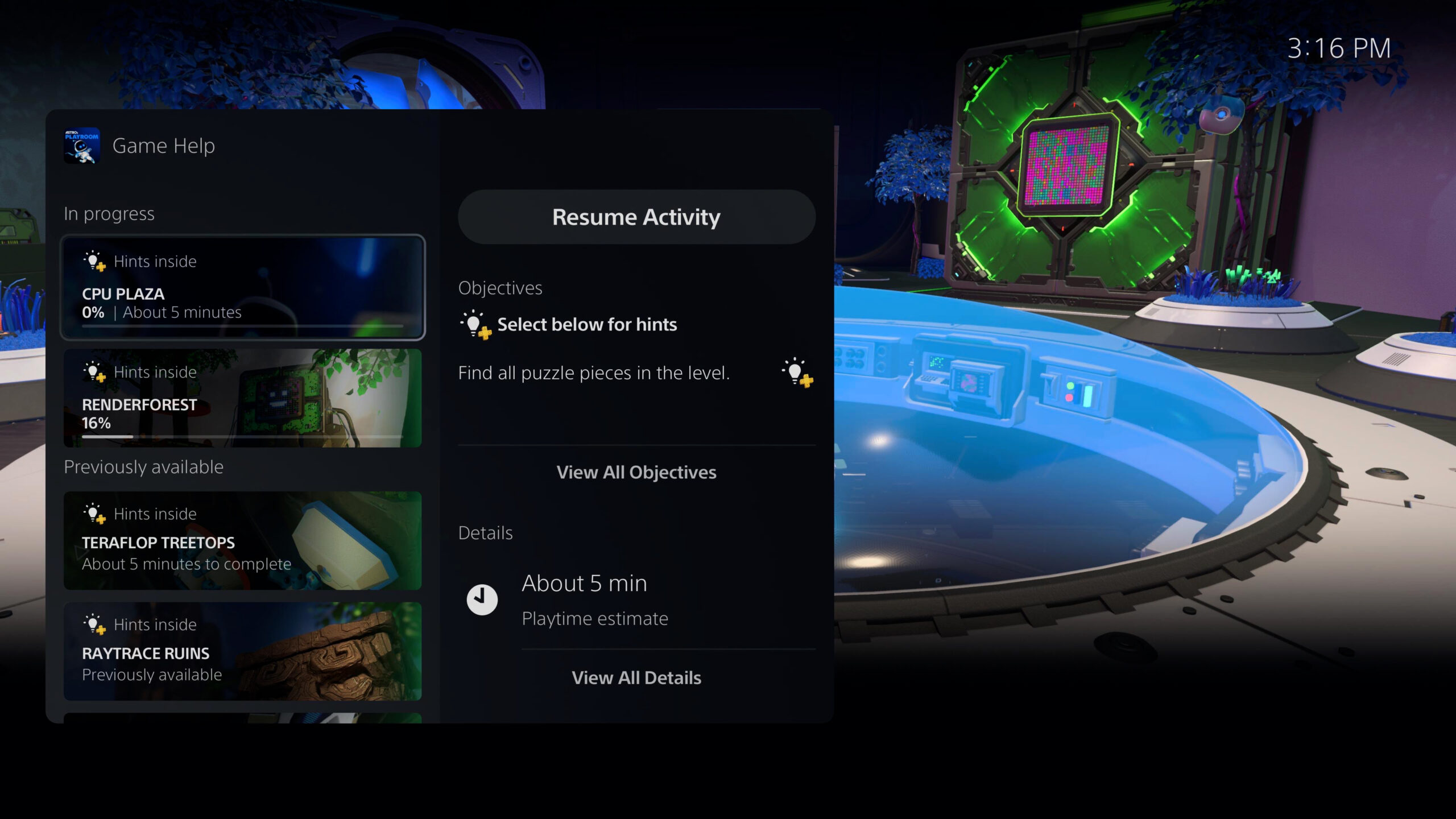  PS5 UI screenshot of Game Help card showing additional details of the activity