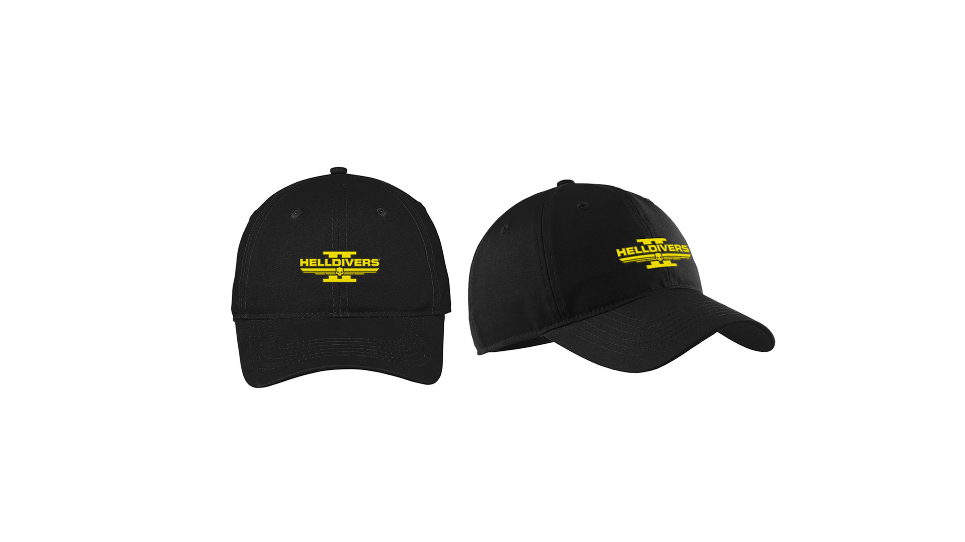  "یک کلاه بیسبال مشکی با آرم Helldivers 2 به رنگ زرد که در جلوی آن نقش بسته است."